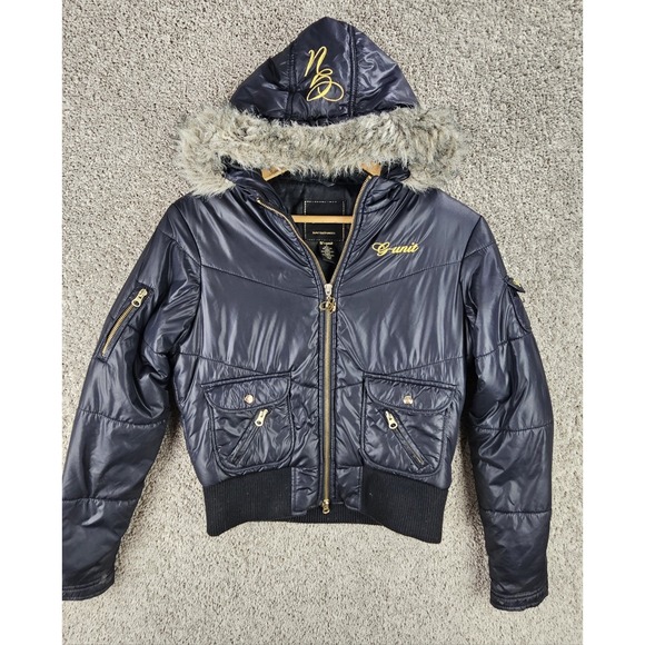 Vintage G Unit 50 Cent Y2K Puffer Jacket Faux Fur Hood Hip Hop Women's Small - Picture 1 of 16
